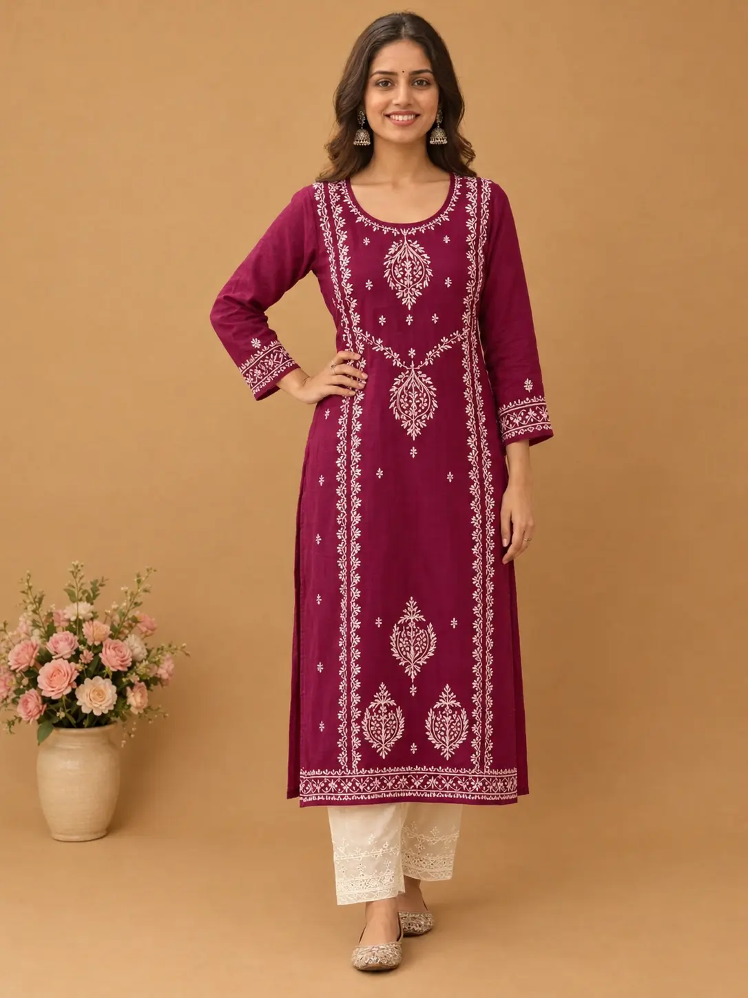 Rani Pink Chanderi Silk Kurta Set with Chikankari Hand Embroidery
