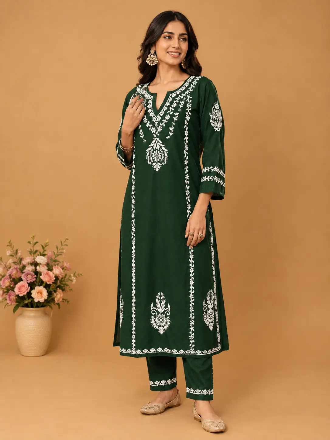 Deep Forest Green Chanderi Silk Suit Set with Chikankari Hand Embroidery