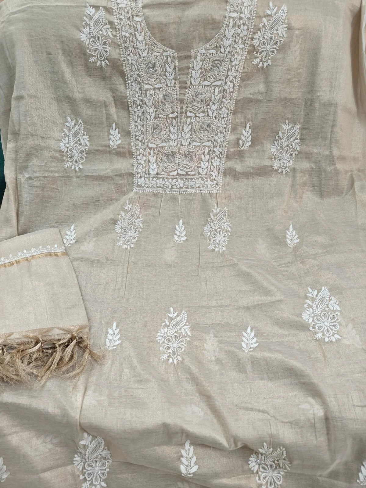 Premium Mul Chanderi 2 piece Chikankari Unstitched Kurta and Dupatta set – Golden Tissue
